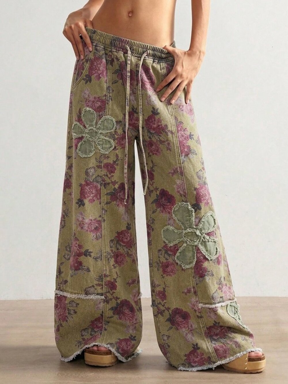 Boho Women's Casual floral with distress floral Jacquard Country wide-Leg Pants - Picture 2 of 6